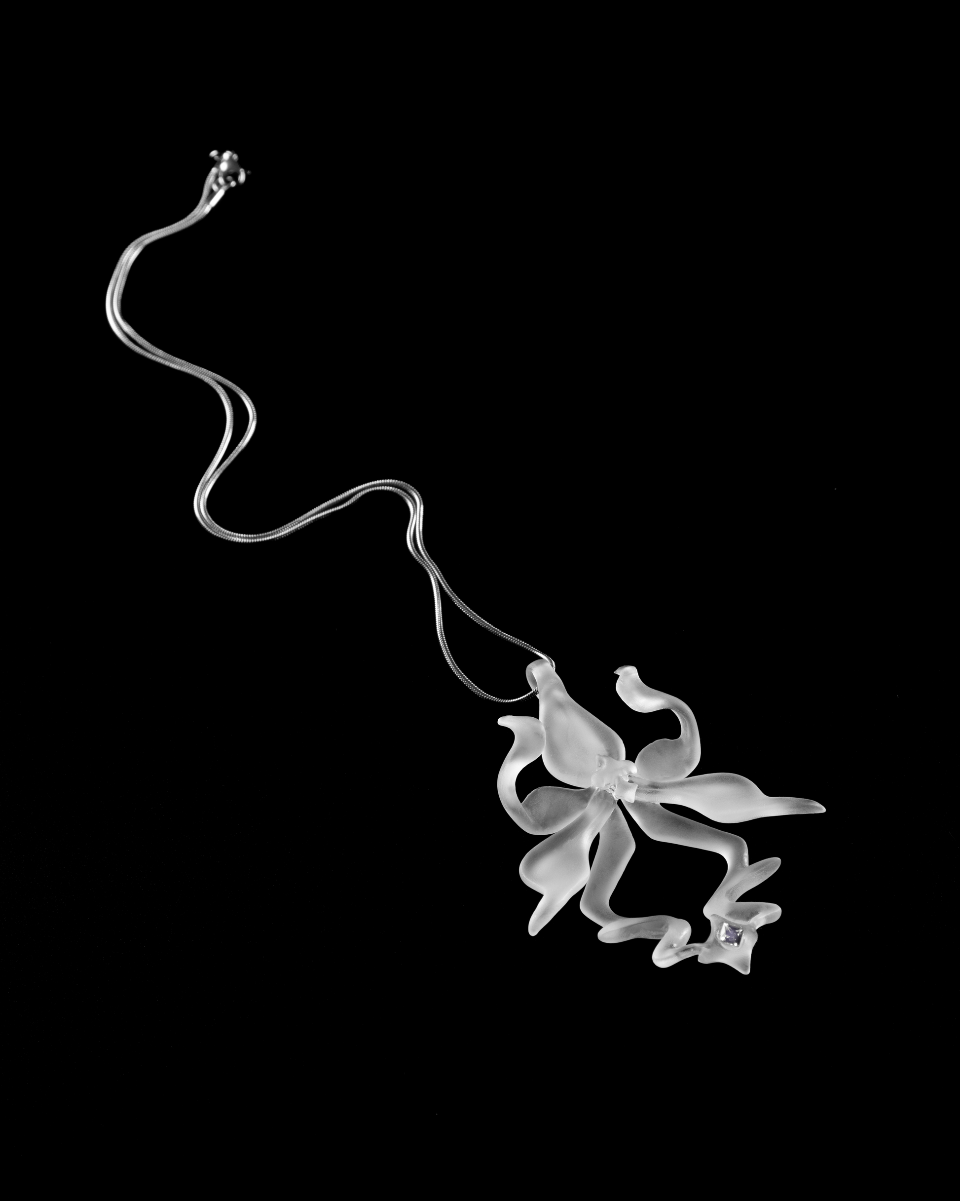 translucent/transparent 3D printed resin orchid necklace with gemstone